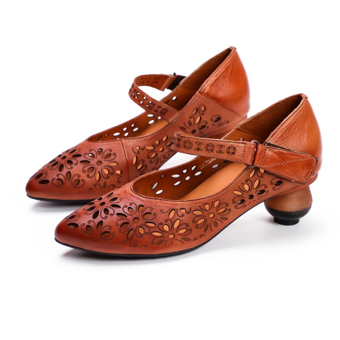 Pumps Women Leather Hollow Chunky High Heels Pointed Shoes Coffee/Camel