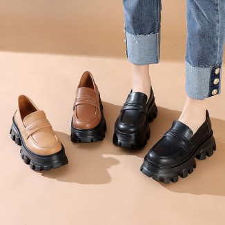 Handmade Leather Platform Penny Loafers For Women In Black/Camel/Coffee