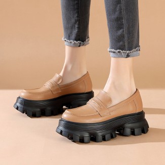 Handmade Leather Platform Penny Loafers For Women In Black/Camel/Coffee