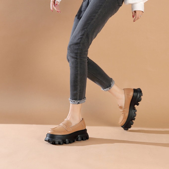 Handmade Leather Platform Penny Loafers For Women In Black/Camel/Coffee