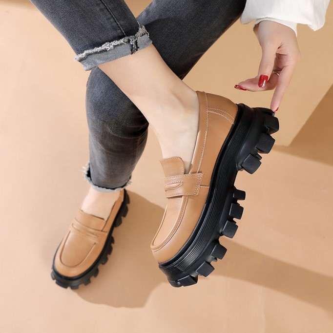 Handmade Leather Platform Penny Loafers For Women In Black/Camel/Coffee