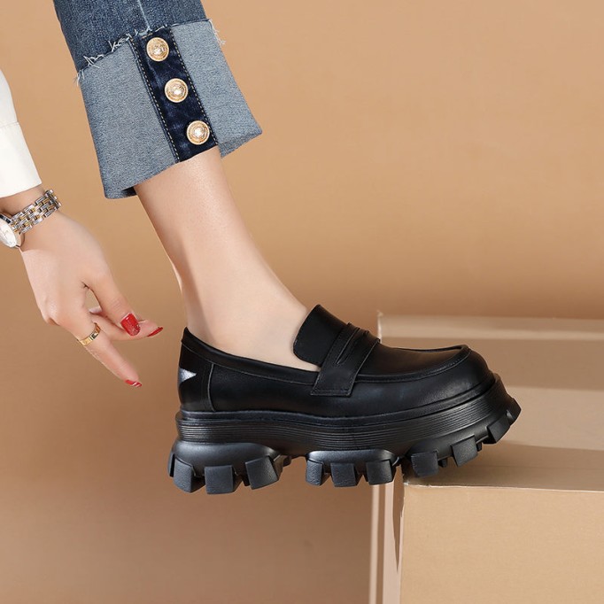 Handmade Leather Platform Penny Loafers For Women In Black/Camel/Coffee