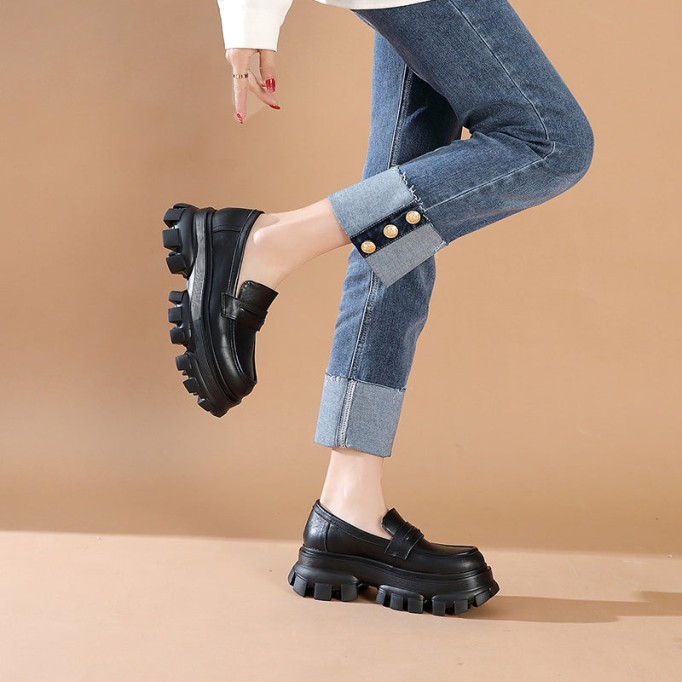 Handmade Leather Platform Penny Loafers For Women In Black/Camel/Coffee