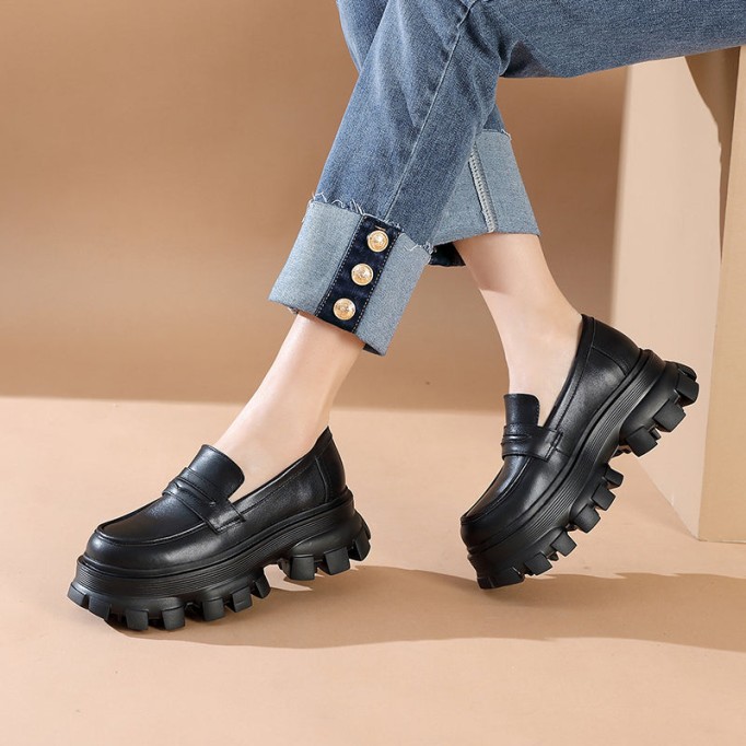 Handmade Leather Platform Penny Loafers For Women In Black/Camel/Coffee