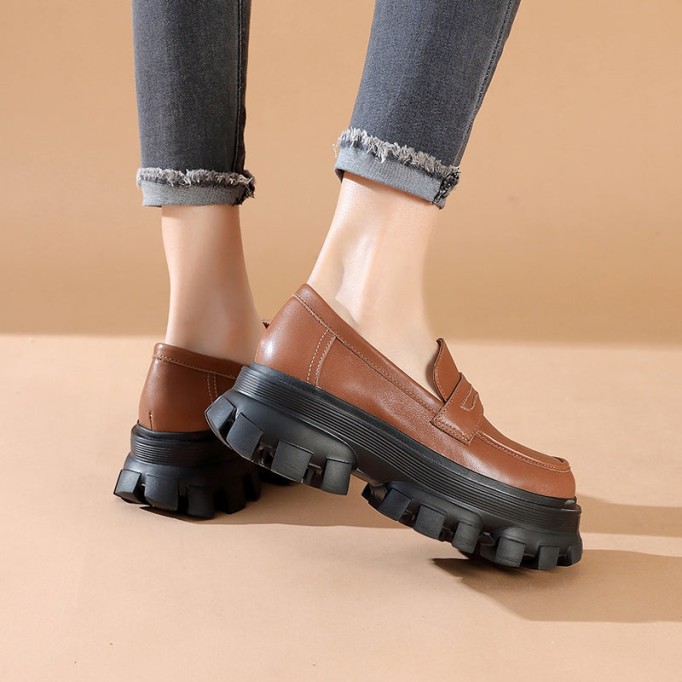 Handmade Leather Platform Penny Loafers For Women In Black/Camel/Coffee