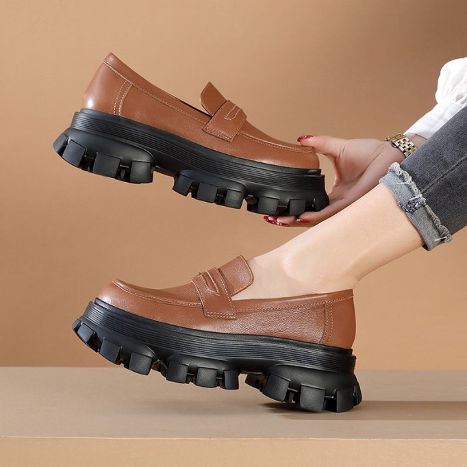 Handmade Leather Platform Penny Loafers For Women In Black/Camel/Coffee