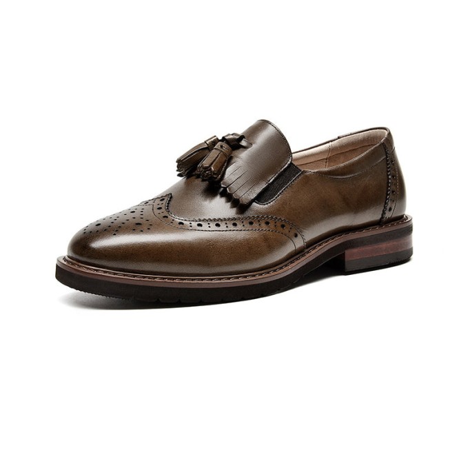 Handmade Wingtip Shoes Women'S Genuine Leather Tassel Loafer Brogues In Black/Brown