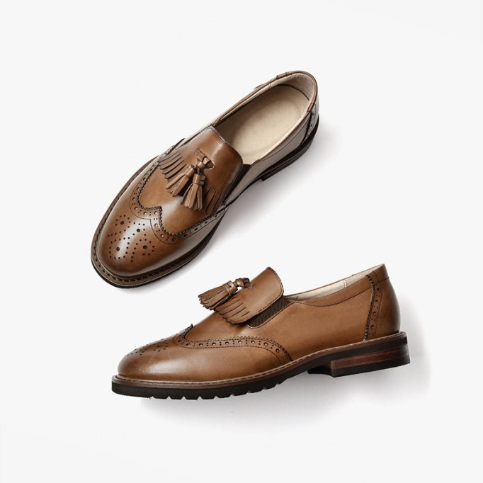 Handmade Wingtip Shoes Women'S Genuine Leather Tassel Loafer Brogues In Black/Brown