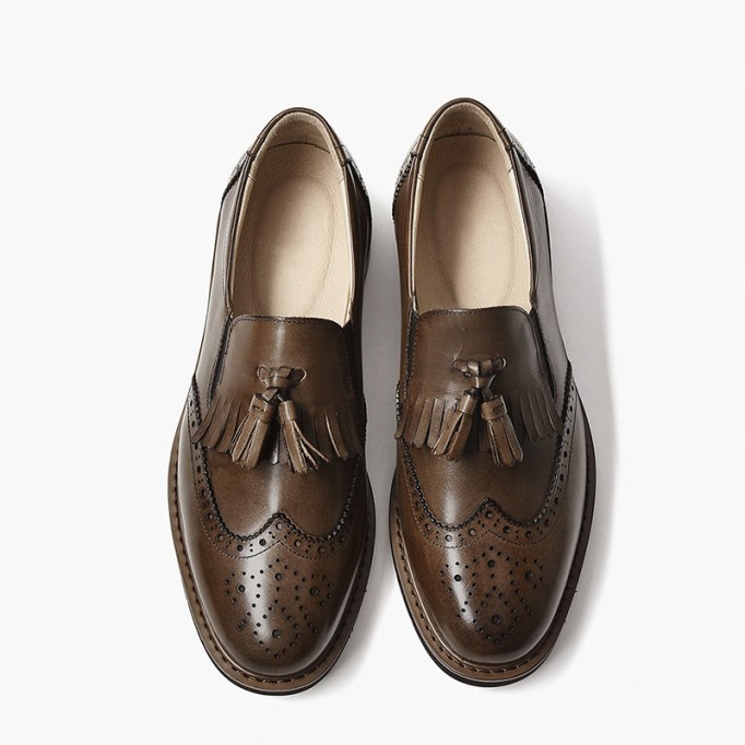 Handmade Wingtip Shoes Women'S Genuine Leather Tassel Loafer Brogues In Black/Brown