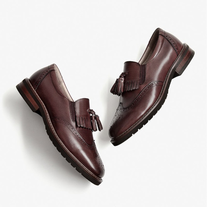 Handmade Wingtip Shoes Women'S Genuine Leather Tassel Loafer Brogues In Black/Brown