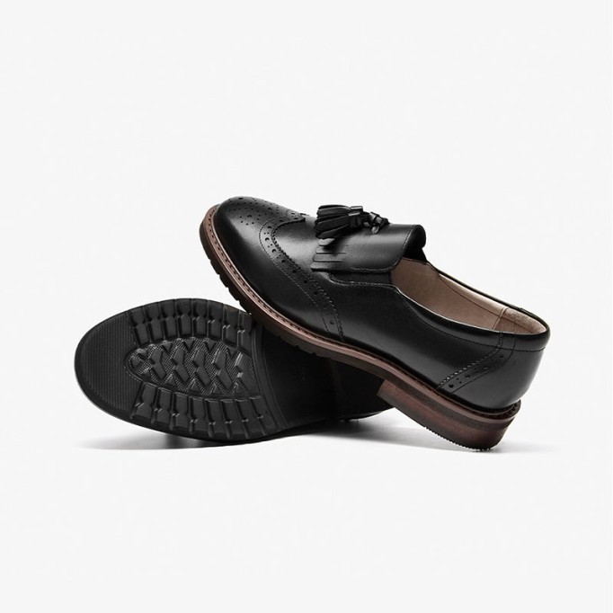 Handmade Wingtip Shoes Women'S Genuine Leather Tassel Loafer Brogues In Black/Brown