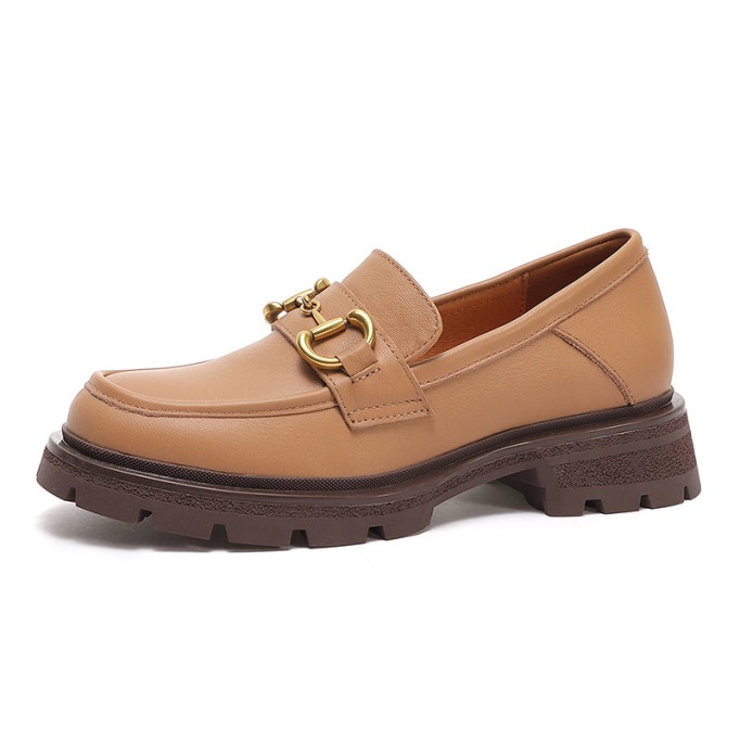 Horsebit-Detailed Handmade Leather Platform Loafers For Women In Black/Camel