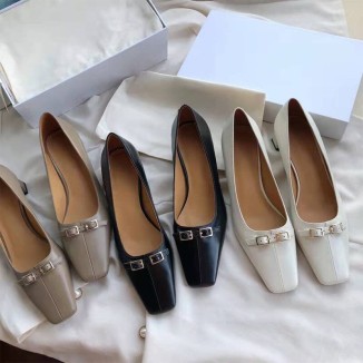 Leather Square Toe Block Heeled Slip-On Pumps Office Shoes in White/Black/Grey