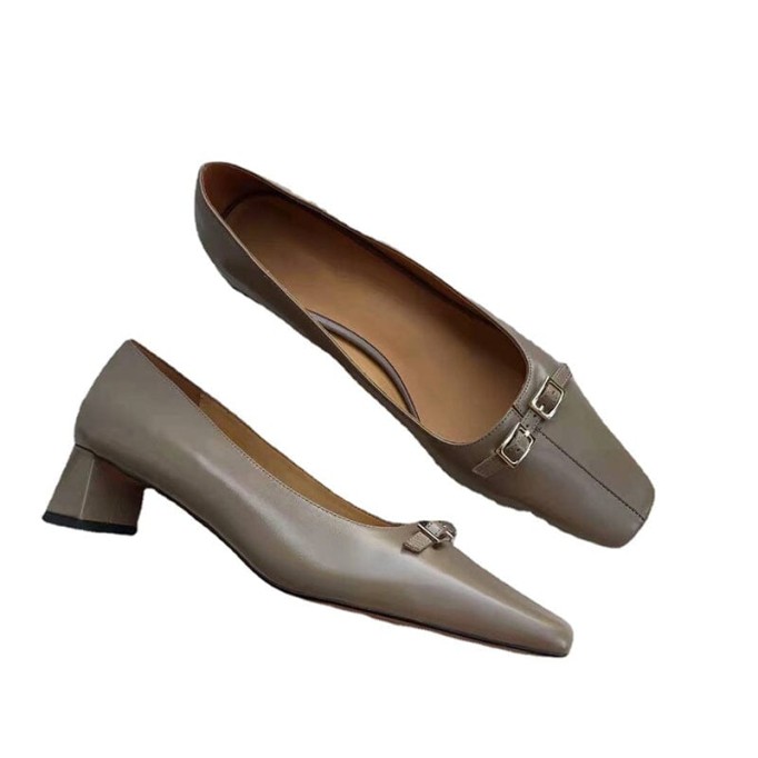 Leather Square Toe Block Heeled Slip-On Pumps Office Shoes in White/Black/Grey