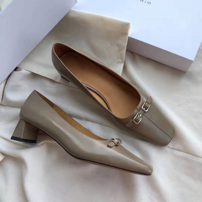 Leather Square Toe Block Heeled Slip-On Pumps Office Shoes in White/Black/Grey