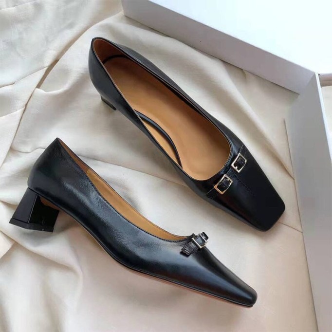 Leather Square Toe Block Heeled Slip-On Pumps Office Shoes in White/Black/Grey