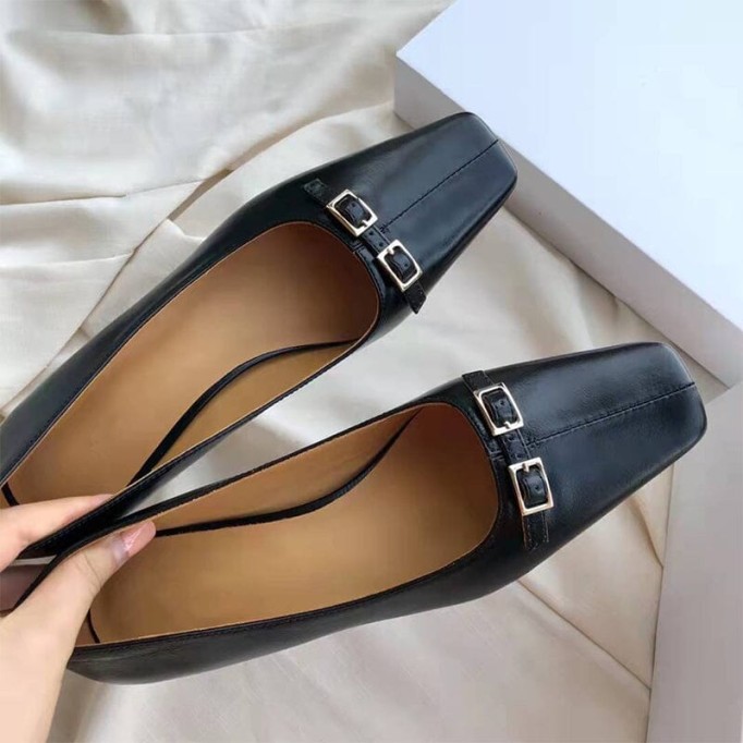 Leather Square Toe Block Heeled Slip-On Pumps Office Shoes in White/Black/Grey