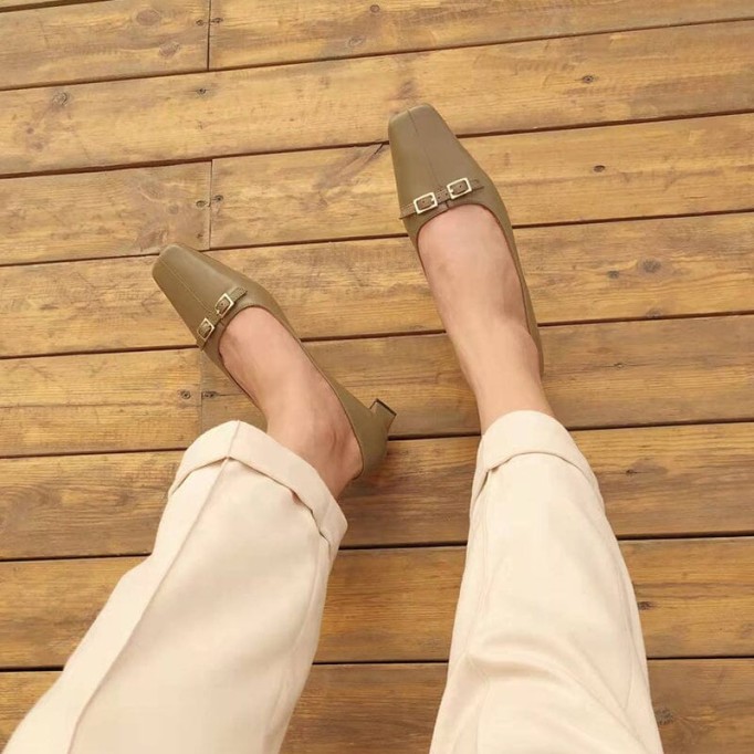 Leather Square Toe Block Heeled Slip-On Pumps Office Shoes in White/Black/Grey