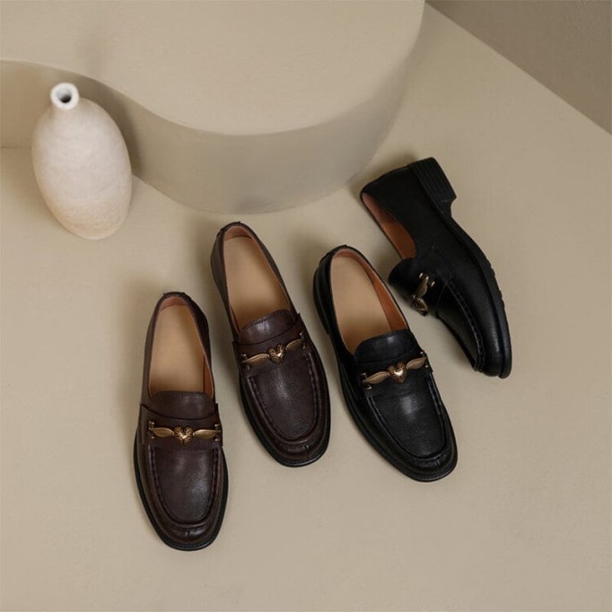 Soft Leather Loafers for Women with Metal Buckle in Coffee/Black