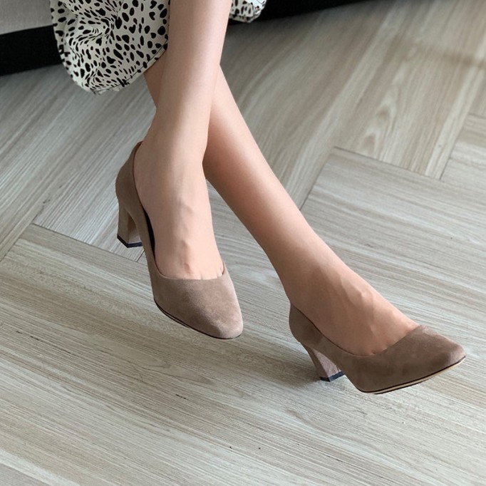 Handmade Suede Leather Retro Square Toe Heels Pumps Women Shoes Block Heels Slip On Office Shoes