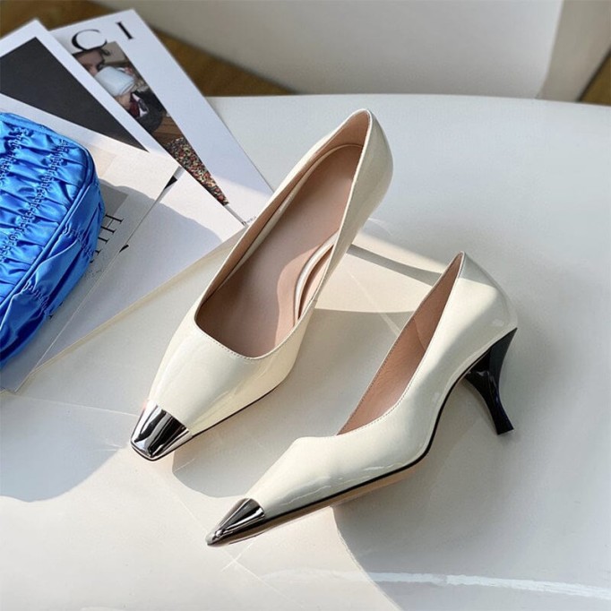 Handmade Sheepskin Square Toe Pumps 6cm Heel In White/Khaki/Black Fashion Style