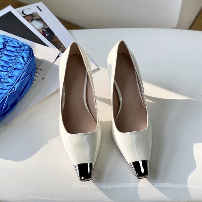 Handmade Sheepskin Square Toe Pumps 6cm Heel In White/Khaki/Black Fashion Style