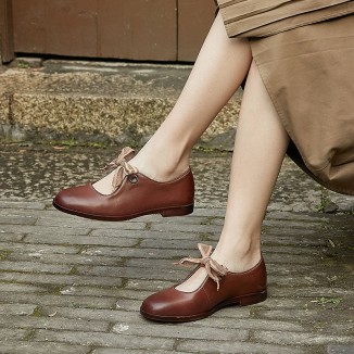 Soft Leather Flat Slip on Mary Jane Shoes With Bow Handmade in Beige/Coffee