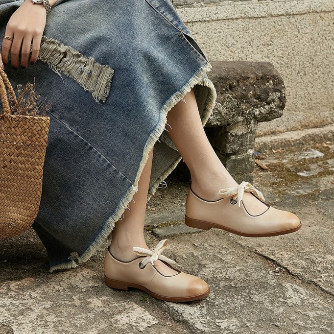 Soft Leather Flat Slip on Mary Jane Shoes With Bow Handmade in Beige/Coffee