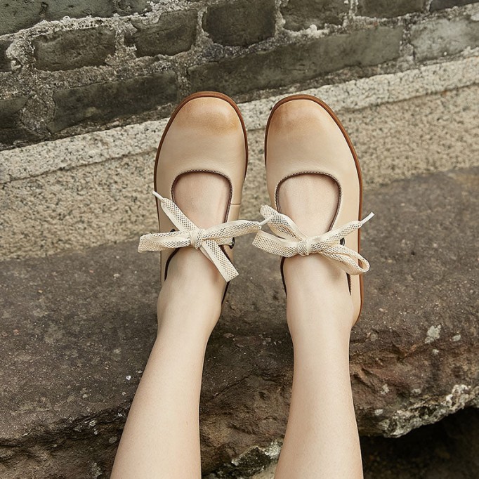 Soft Leather Flat Slip on Mary Jane Shoes With Bow Handmade in Beige/Coffee