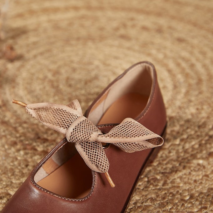 Soft Leather Flat Slip on Mary Jane Shoes With Bow Handmade in Beige/Coffee