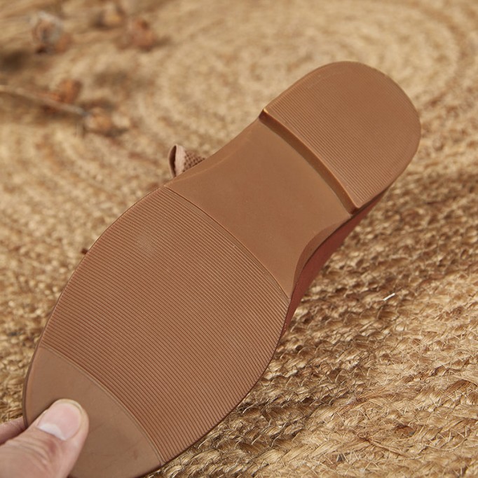 Soft Leather Flat Slip on Mary Jane Shoes With Bow Handmade in Beige/Coffee