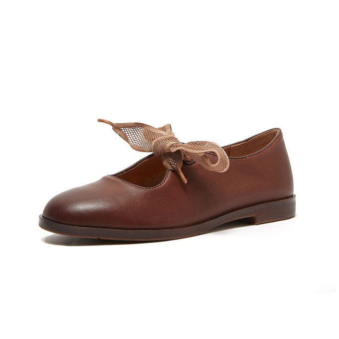 Soft Leather Flat Slip on Mary Jane Shoes With Bow Handmade in Beige/Coffee