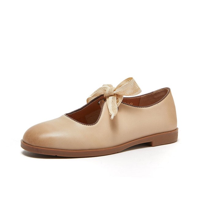 Soft Leather Flat Slip on Mary Jane Shoes With Bow Handmade in Beige/Coffee