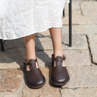 Middle English-Handmade Leather T-strap Mary Jane Shoes For Womens Brown/Coffee
