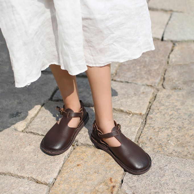 Middle English-Handmade Leather T-strap Mary Jane Shoes For Womens Brown/Coffee