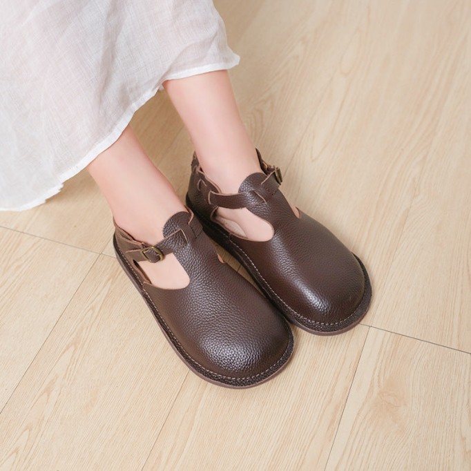 Middle English-Handmade Leather T-strap Mary Jane Shoes For Womens Brown/Coffee
