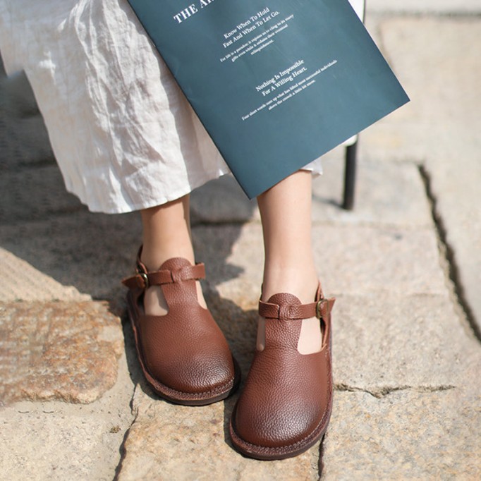 Middle English-Handmade Leather T-strap Mary Jane Shoes For Womens Brown/Coffee