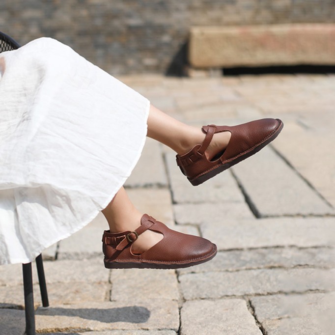 Middle English-Handmade Leather T-strap Mary Jane Shoes For Womens Brown/Coffee