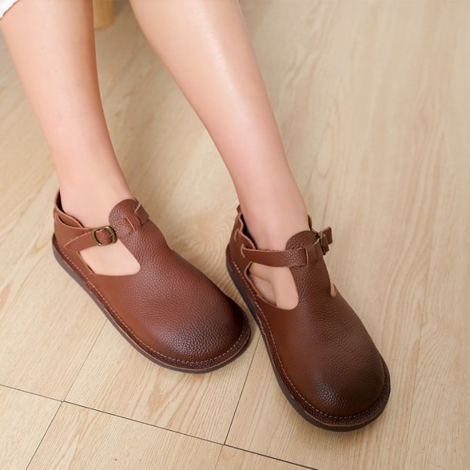 Middle English-Handmade Leather T-strap Mary Jane Shoes For Womens Brown/Coffee