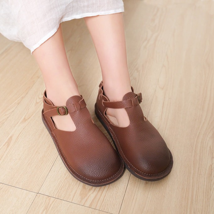 Middle English-Handmade Leather T-strap Mary Jane Shoes For Womens Brown/Coffee