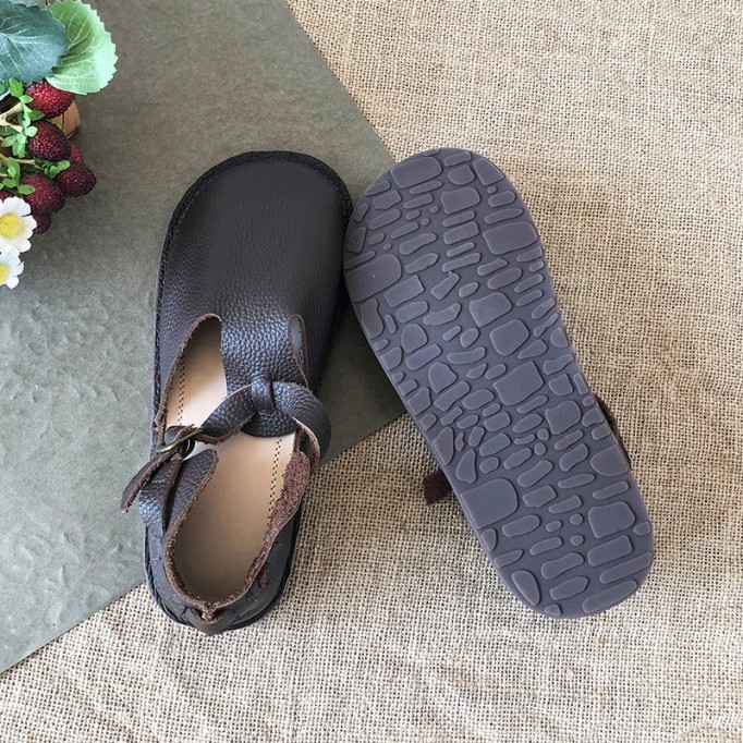 Middle English-Handmade Leather T-strap Mary Jane Shoes For Womens Brown/Coffee