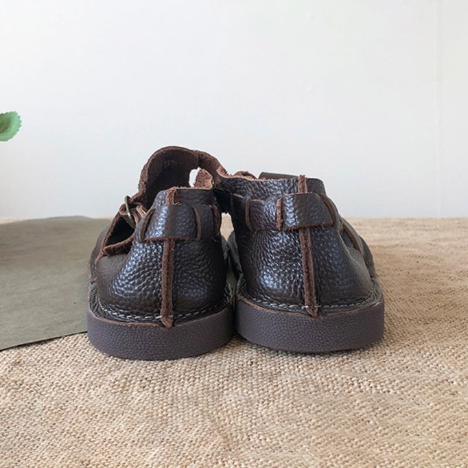 Middle English-Handmade Leather T-strap Mary Jane Shoes For Womens Brown/Coffee