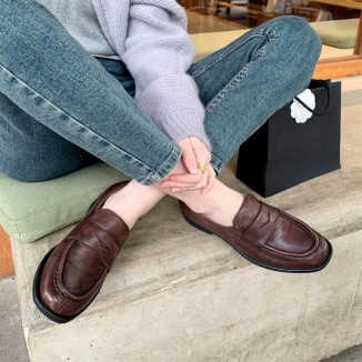 Block Heel Leather Penny Loafers for Women in Coffee/Black