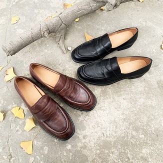 Block Heel Leather Penny Loafers for Women in Coffee/Black