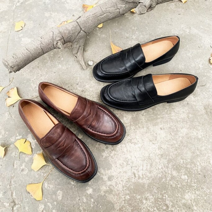 Block Heel Leather Penny Loafers for Women in Coffee/Black