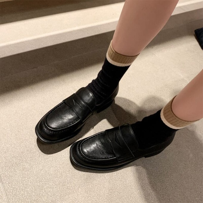 Block Heel Leather Penny Loafers for Women in Coffee/Black