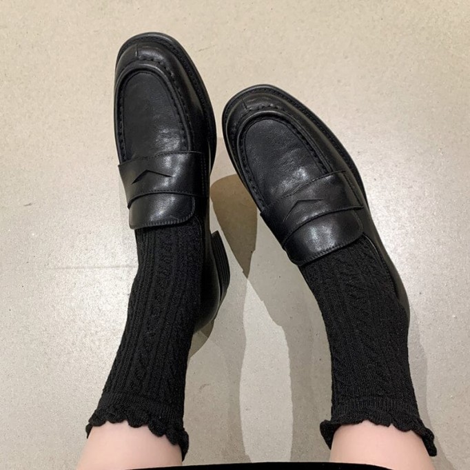 Block Heel Leather Penny Loafers for Women in Coffee/Black