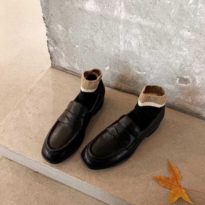 Block Heel Leather Penny Loafers for Women in Coffee/Black