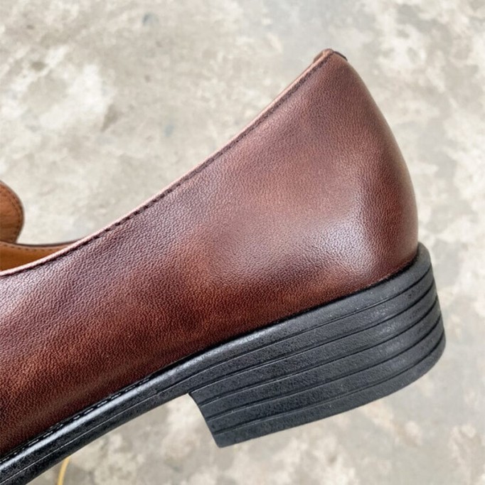 Block Heel Leather Penny Loafers for Women in Coffee/Black