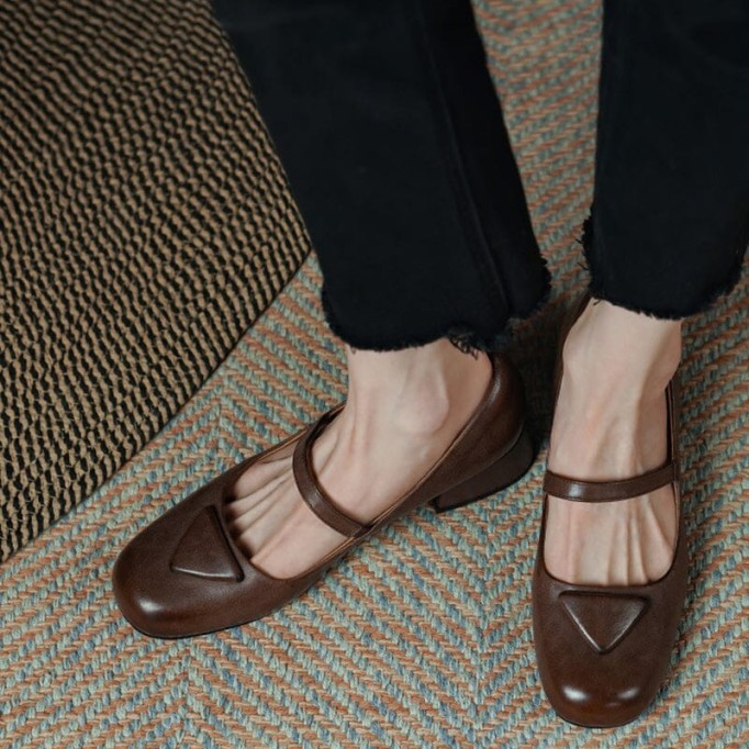 Handmade Leather Pumps Mary Jane Heels Sandals Womens Round Toe in Black/Coffee